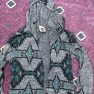 Gray and Teal Aztec Hooded Cardigan